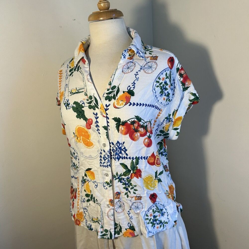 Jane + Delancey FRUIT Roll Sleeve Button Shirt Blouse Sz M Bananas Tablecloth